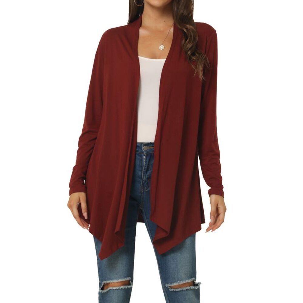 Draped Front Open Cardigan Knit Duster Cardigan Wine Red